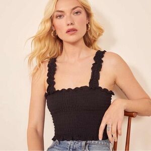 Reformation Leonore Black Smocked Ruffled Crop Top